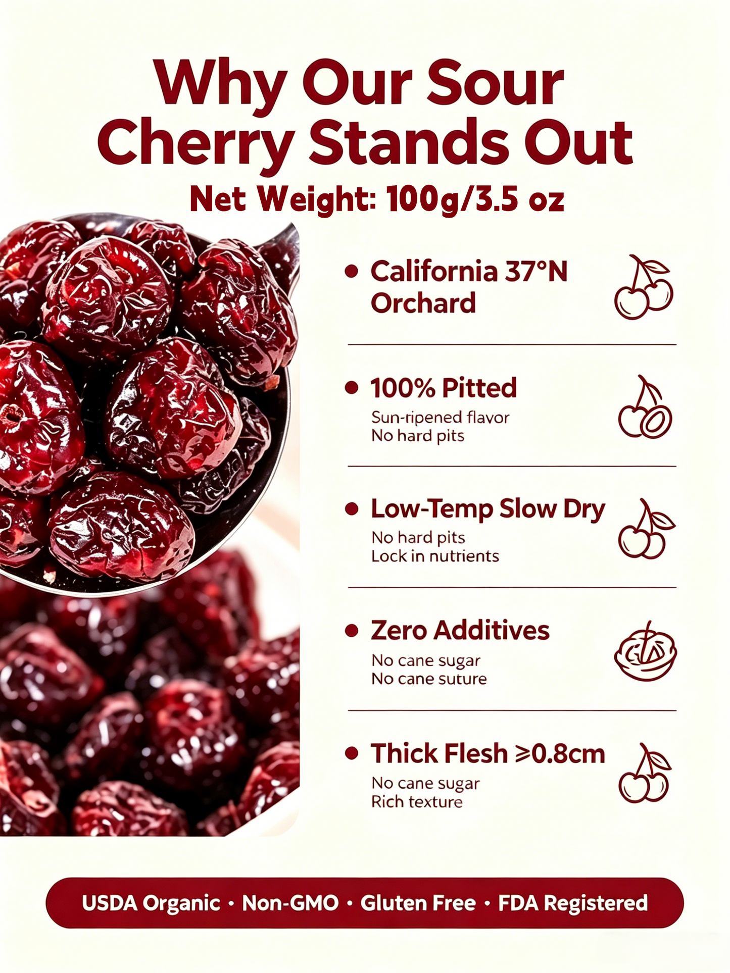 🍒Dried Sour Cherry Snacks, Natural Pitted Fruit Treats